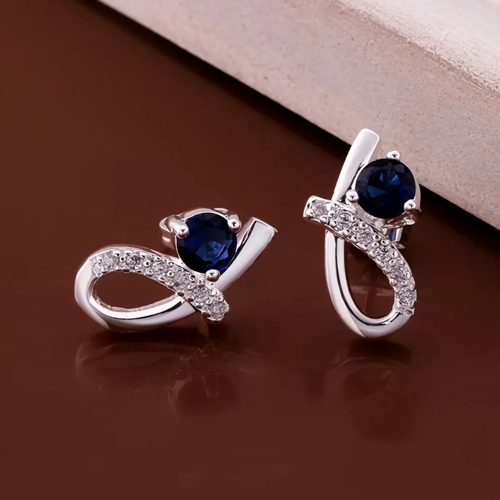 Small & Cute Sapphire and Loop Stud Earrings, 925 Sterling Silver - Picture 2 of 6